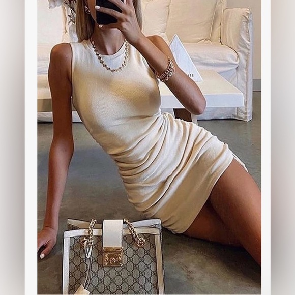 Cream Sleeveless Bodycon Ruched Dress - Picture 4 of 7